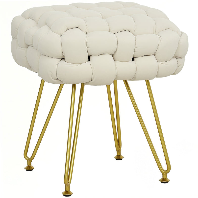 Cream White Velvet Feel Woven Square Footstool With Gold Legs Stylish and Comfortable by HOMCOM