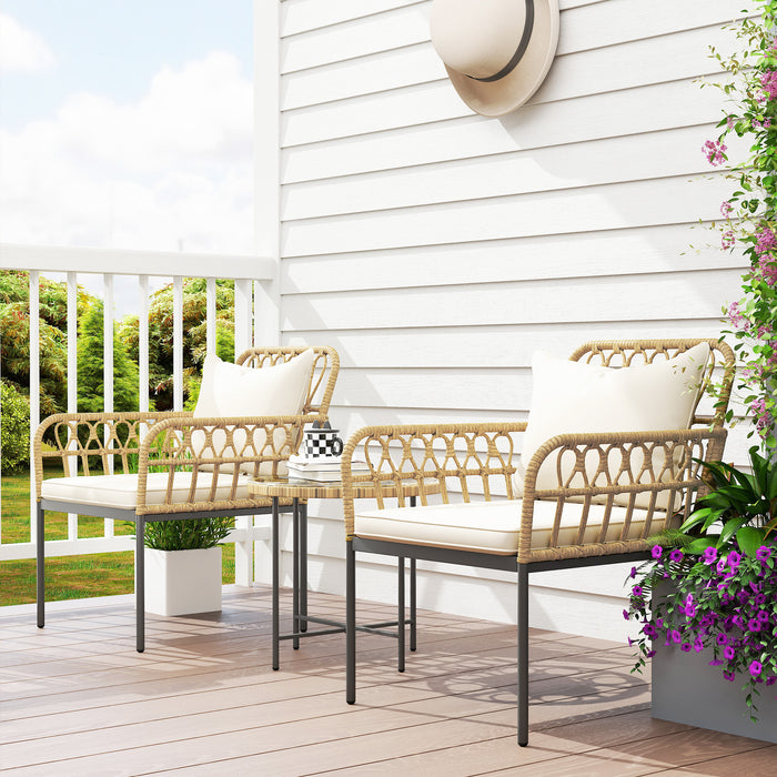 Beige 3 Piece Rattan Bistro Set with Cushions and Glass Top Table for Garden or Balcony by Outsunny