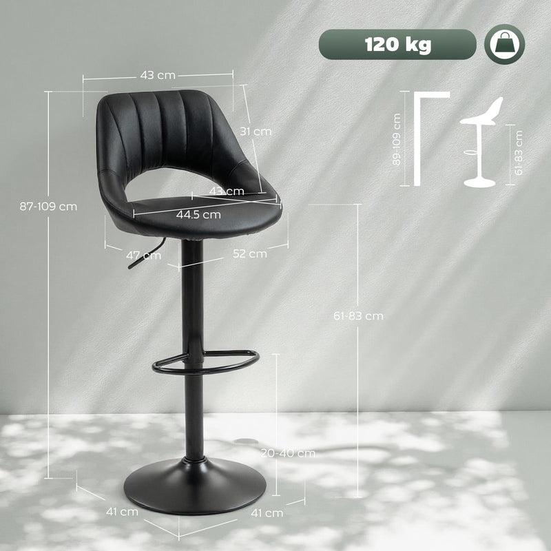 Set of 2 Adjustable Faux Leather Bar Stools With Footrest Ideal for Kitchen Island Black