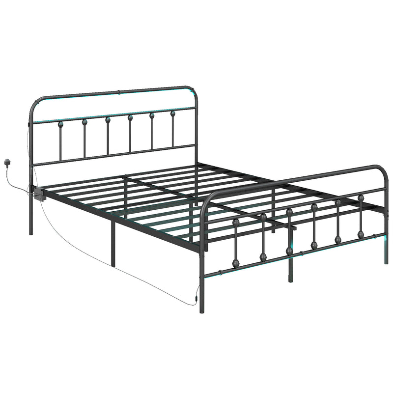 Black Double Metal Bed Frame with LED Lights Charging Station and Under Bed Storage