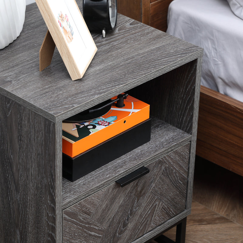 Bedside Table with Drawer and Open Shelf for Bedroom or Lounge with Steel Legs Dark Grey