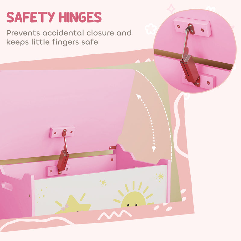 Kids Wooden Toy Storage Box with Safety Hinges and Handles for Playroom or Bedroom Pink 60x37x39 cm
