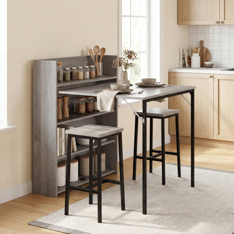 Extendable Folding Dining Table with Storage Shelves for Small Spaces Grey Wood Effect