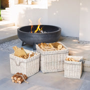 Set of 3 Round Log Baskets with Lining and Rope Handles for Fireside Storage