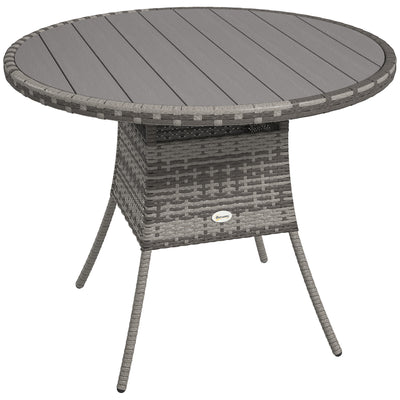 Grey 90cm Four Seater Round Rattan Dining Table With Wood Effect Finish by Outsunny