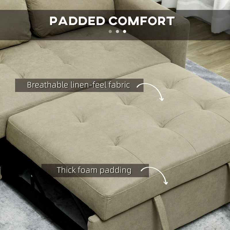 2 Seater Convertible Sofa Bed with Cushions and Side Storage for Lounge Use, Light Brown