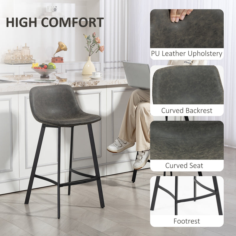 Set of 2 PU Leather Bar Stools with Backrest and Footrest for Kitchen or Breakfast Bar Grey