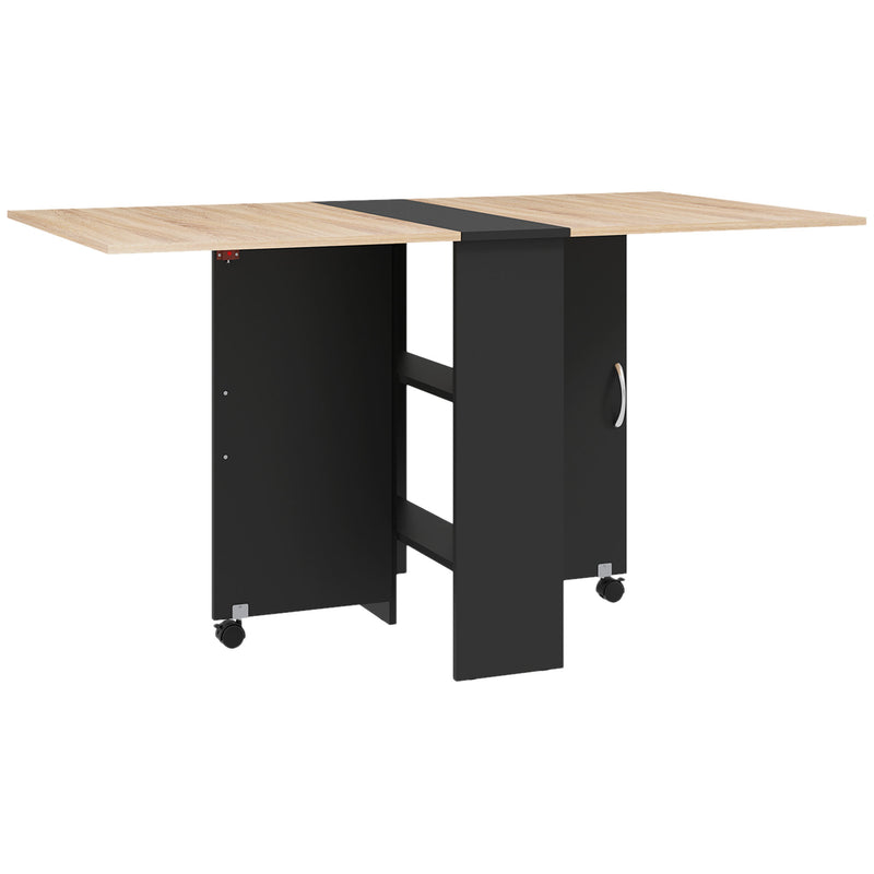 Folding Drop Leaf Dining Table with Storage Shelves and Wheels for Small Spaces Oak Black