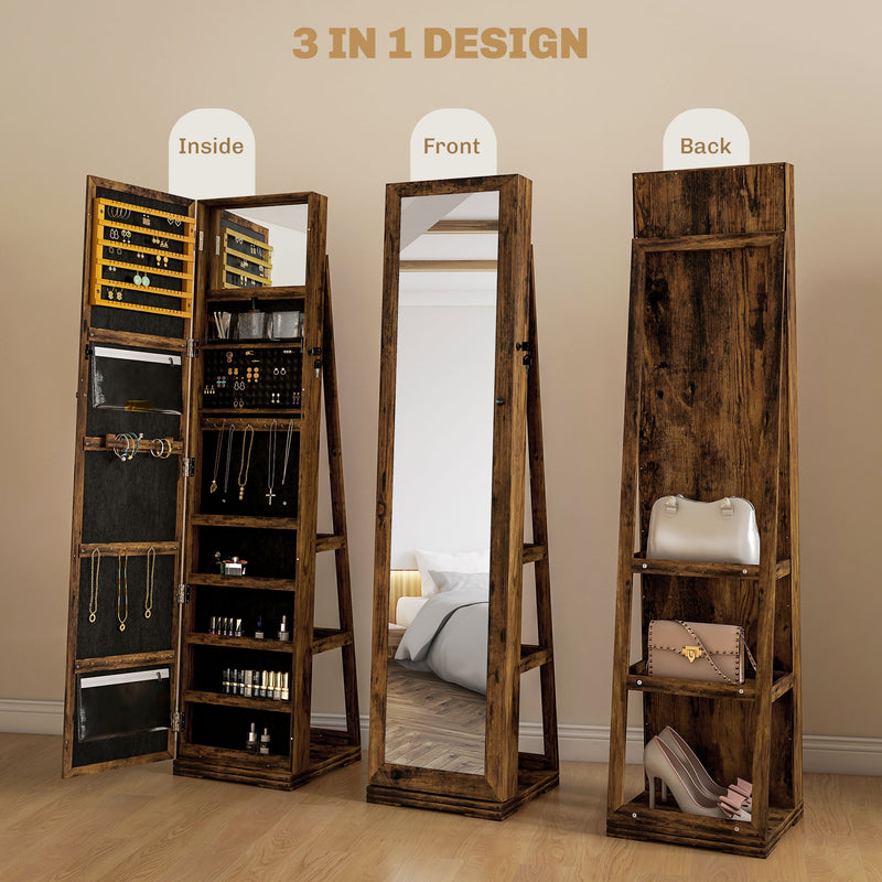 Lockable Rustic Brown Jewellery Cabinet With 360Â° Swivel and Full Length Mirror by HOMCOM
