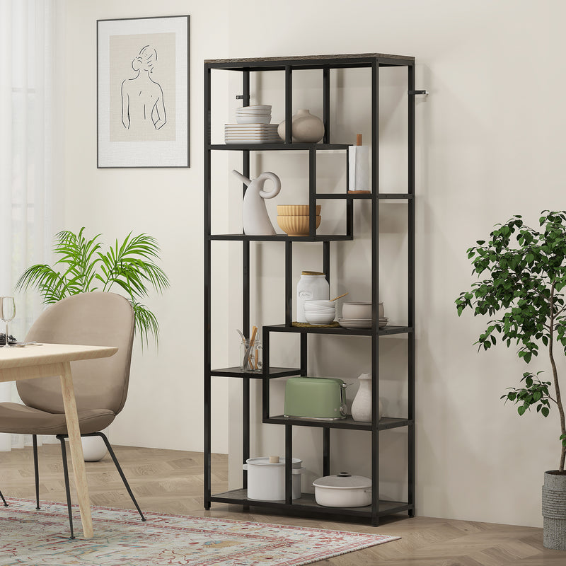 Tall 7 Tier Shelving Unit for Organised Book and Ornament Storage Grey Black