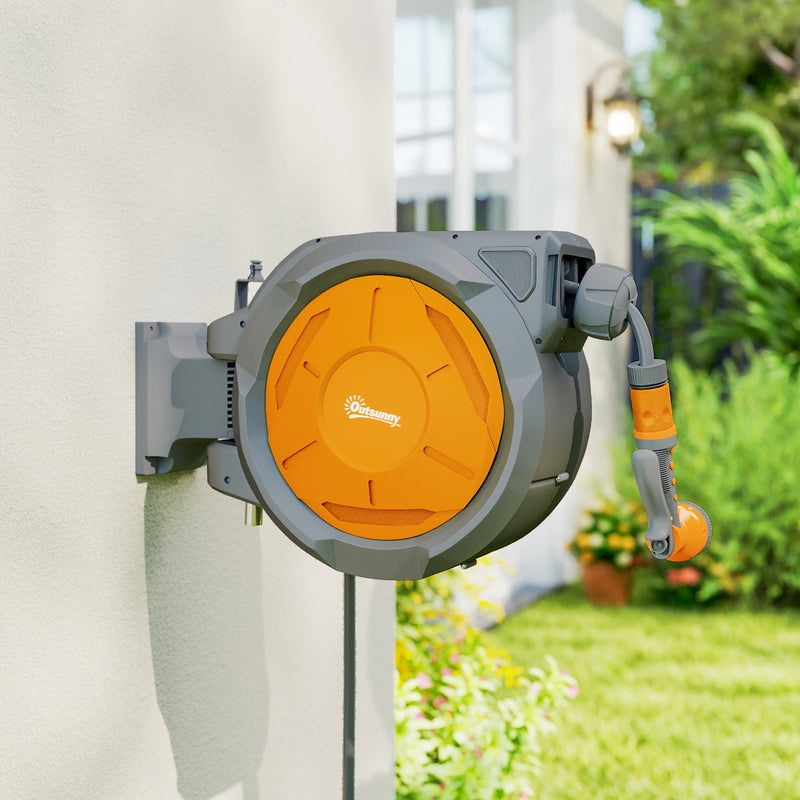 Wall Mounted Retractable Garden Hose Reel 30m With Auto Rewind And Spray Nozzle Orange AOSOM