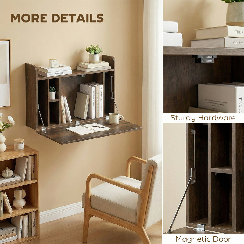 Wall Mounted Folding Desk with Shelves for Space Saving Home Office Dark Brown AOSOM