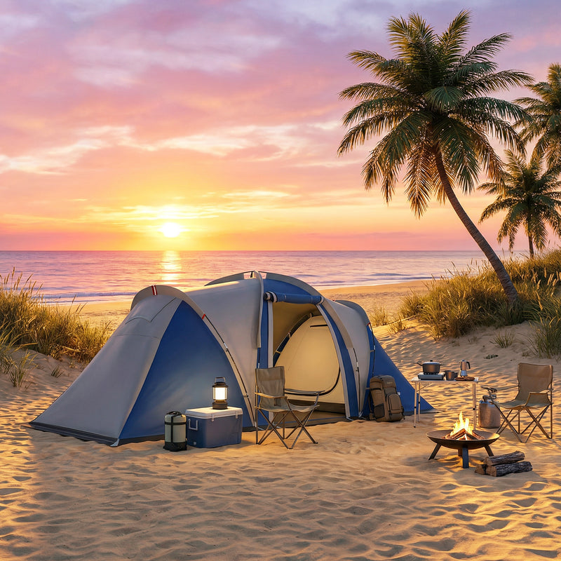 Waterproof Family Tunnel Camping Tent With Bedrooms & Porch, Navy Blue & Light Grey