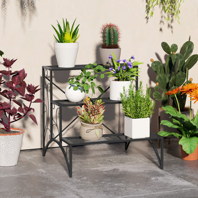 Black 3 Tier Metal Plant Stand for Indoor and Outdoor with Vintage Ladder Design by Outsunny