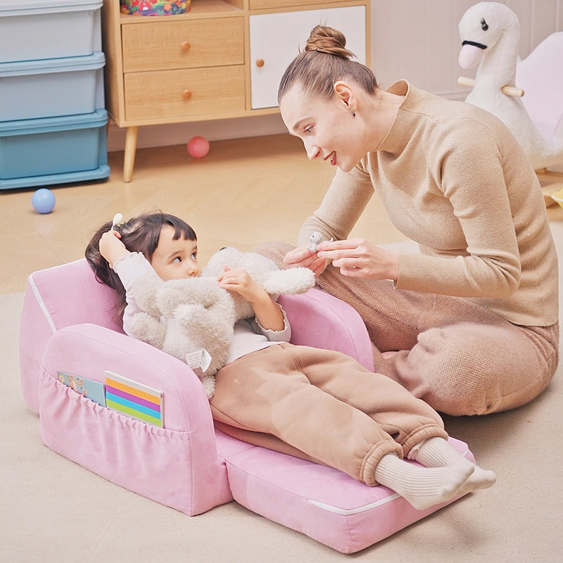 2 in 1 Kids Sofa Bed with Sturdy Wood Frame Ideal for Bedroom or Playroom, Pink