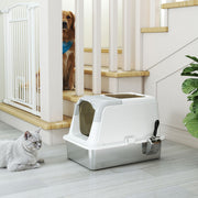 Extra Large Enclosed Stainless Steel Cat Litter Box With Scoop and Top Exit, Silver