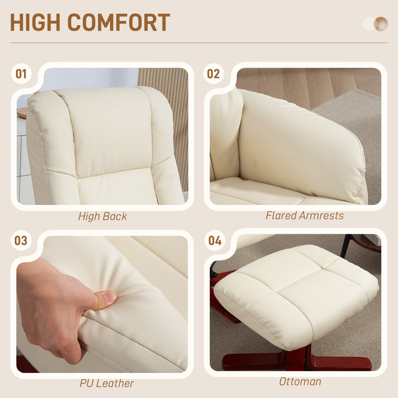 Cream Faux Leather Rocking Recliner Chair with Matching Footstool and Wood Base for Living Room Comfort