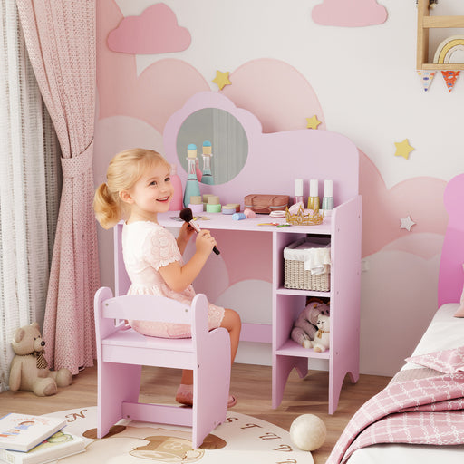 Kids Vanity Dressing Table with Mirror and Storage Shelves Includes Stool Ages 3 to 8 Purple