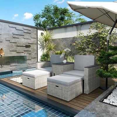 5 Piece Rattan Garden Furniture Set with Footstools Cushions and Storage Table Grey by Outsunny