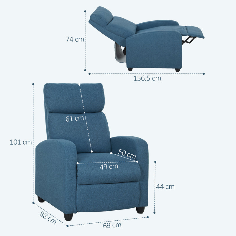 Push Back Recliner Armchair with Footrest and 135 Degree Recline for Lounge Comfort Blue