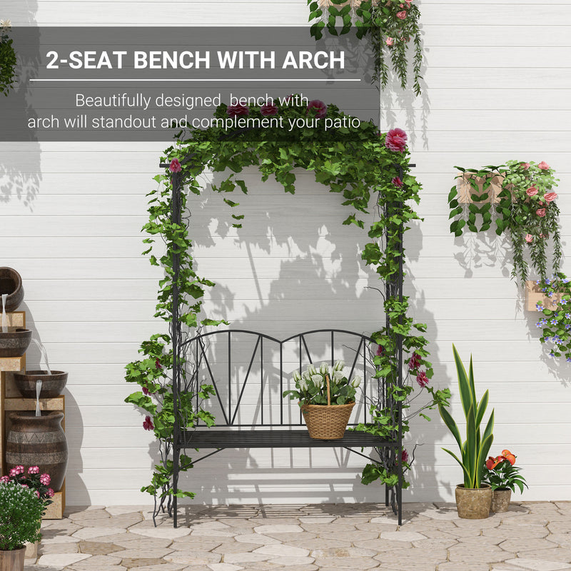 2 Seater Metal Garden Bench With Decorative Arch Ideal For Climbing Plants Black AOSOM
