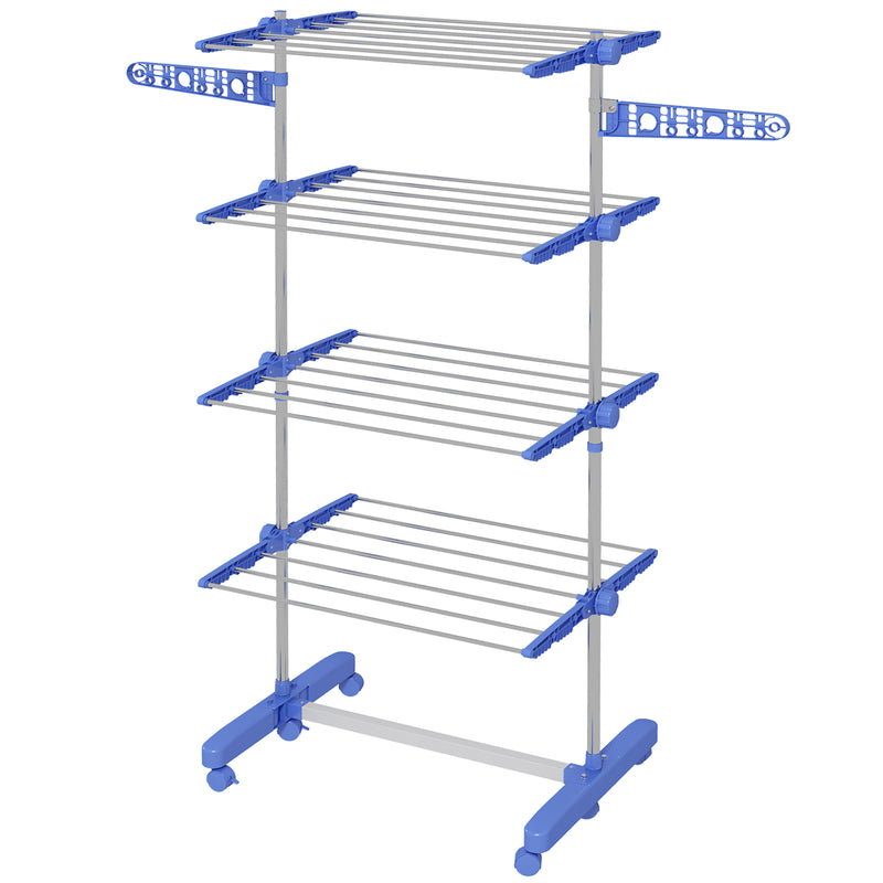 Four Shelf Folding Clothes Airer with Side Wings and Wheels for Indoor Drying, Blue