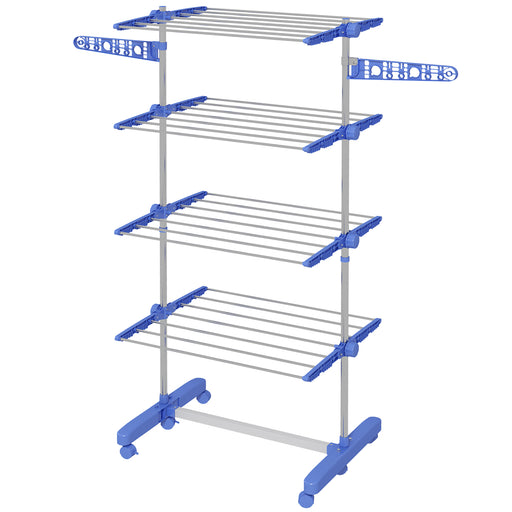Four Shelf Folding Clothes Airer with Side Wings and Wheels for Indoor Drying, Blue