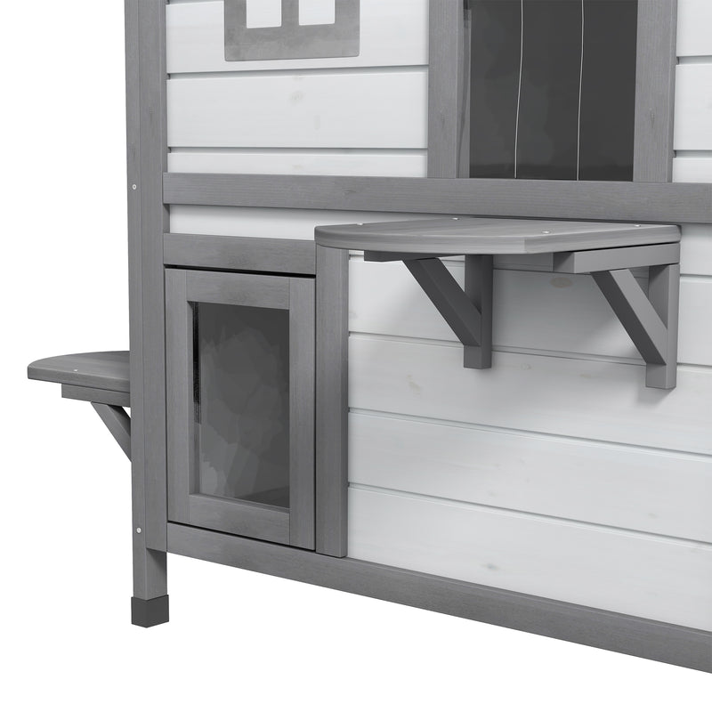 2 Storey Wooden Cat House With Escape Door Ideal For Indoor Or Outdoor Use, White