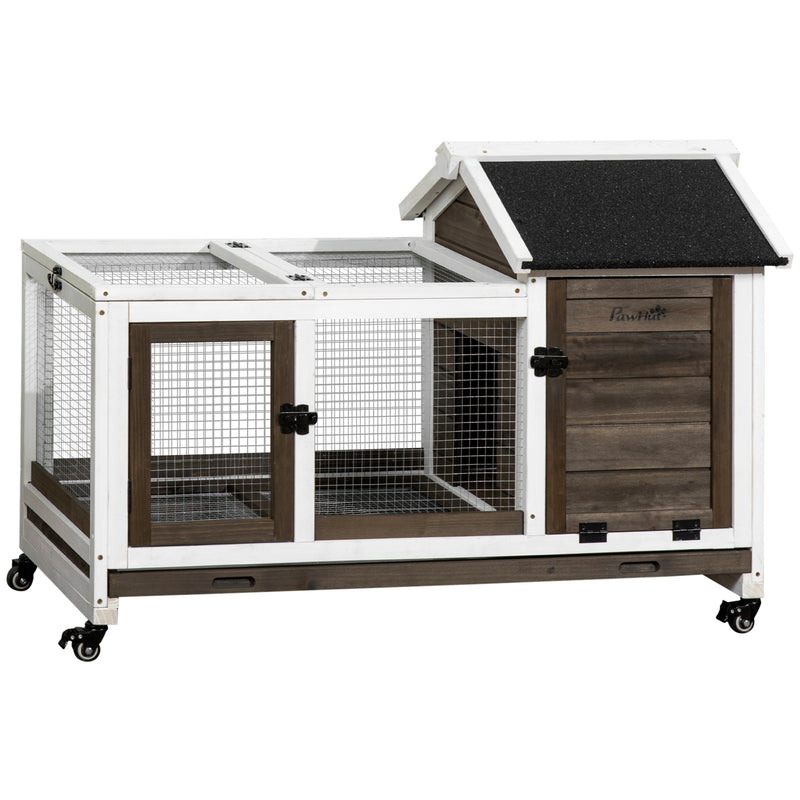 Wooden Rabbit Hutch with Removable Tray and Wheels for Outdoor or Indoor Use Brown