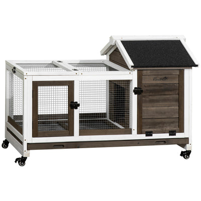 Wooden Rabbit Hutch with Removable Tray and Wheels for Outdoor or Indoor Use Brown