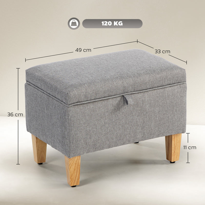 Light Grey Linen Storage Ottoman with Padded Seat and Wooden Legs for Bedroom or Hallway 49W x 33D x 36H cm