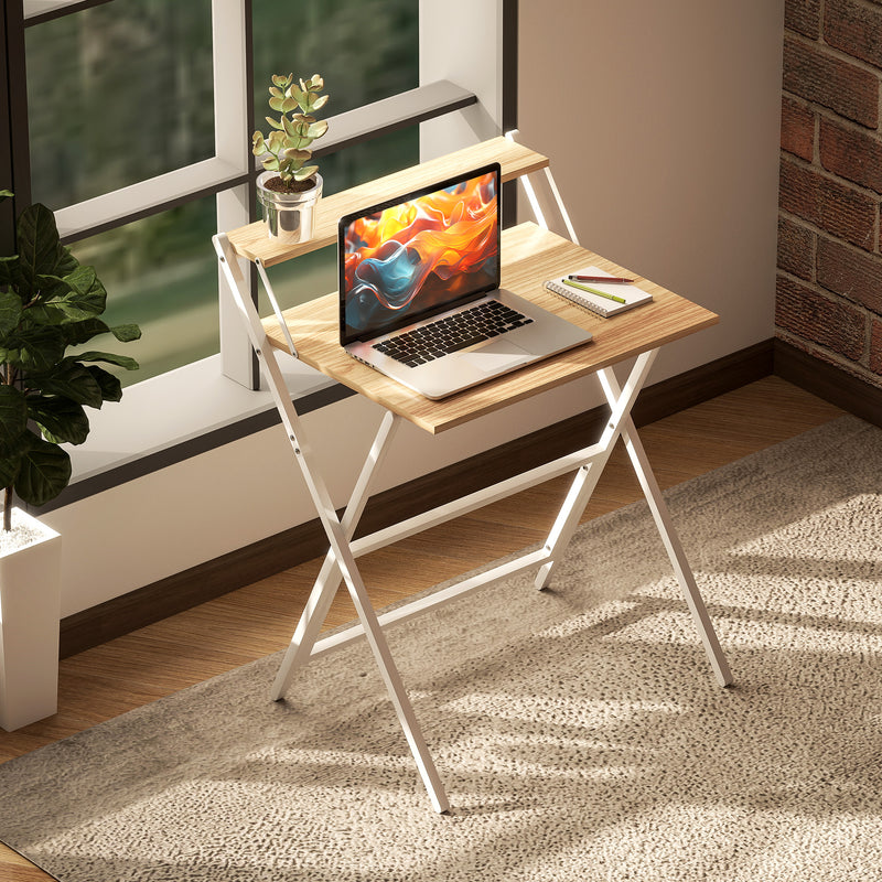 Natural Wood Folding Computer Desk with Monitor Shelf 70 cm Space Saving Design by Homcom