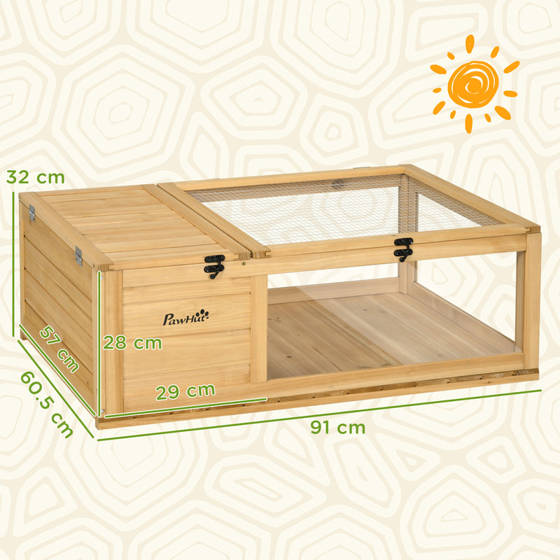 Wooden Tortoise and Reptile House with Mesh Roof Ideal for Outdoor Use, Natural Finish