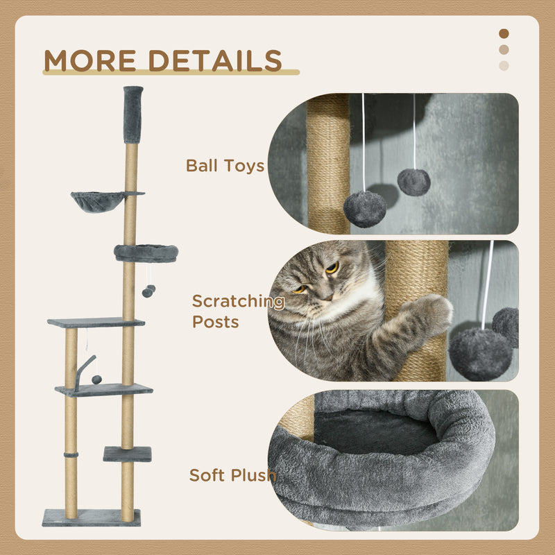 Floor to Ceiling Cat Tree Tower with Hammock and Scratching Posts for Indoor Play Grey
