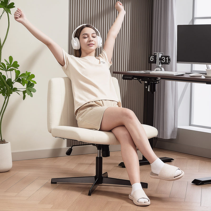 Armless Swivel Office Chair With Wide Seat And Tilt Function For Home Desk Use Cream