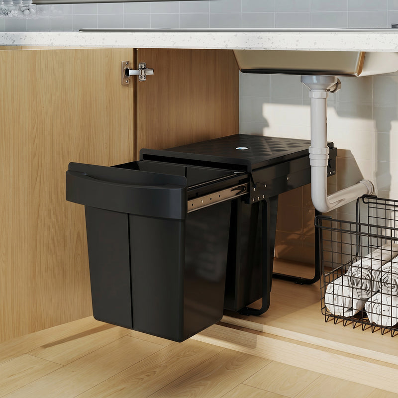 Kitchen Cupboard Pull Out Bin with Dual Compartments for Easy Waste and Recycling Black Homcom