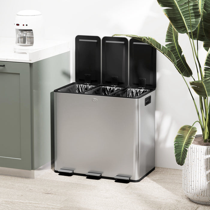 Steel Triple Kitchen Pedal Bin 3 x 15L with Soft Close Lid and Removable Buckets by HOMCOM