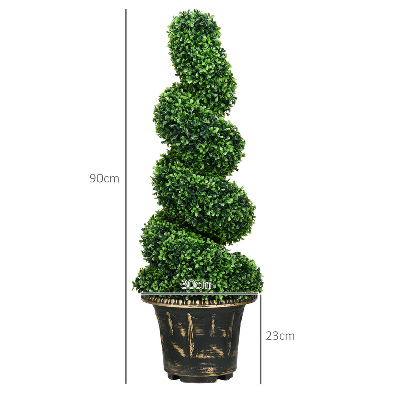 Set of 2 Spiral Boxwood Artificial Topiary Trees with Pots for Indoor Outdoor Use Green