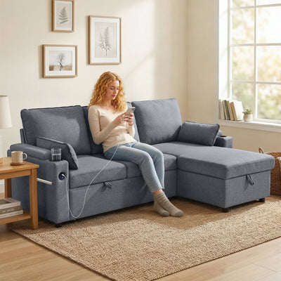 Corner Sofa Bed with Storage and USB Charging for Flexible Guest Sleeping Grey AOSOM