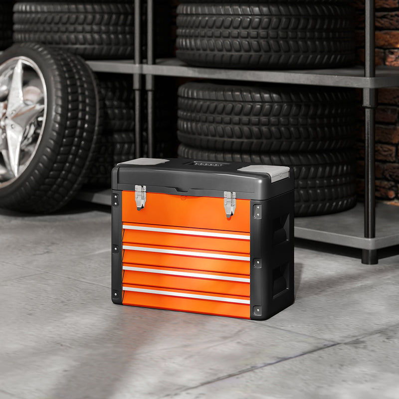 Large Orange Metal Toolbox With 4 Drawers For Organised Garage Or Workshop Storage AOSOM