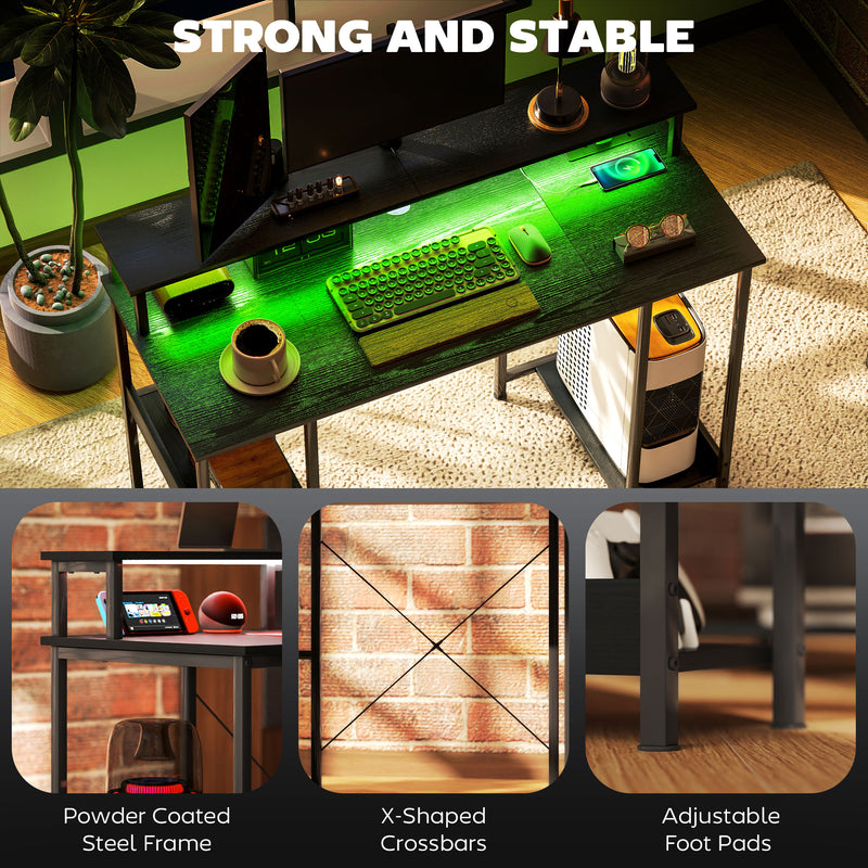 Black Computer Desk with Power Outlets LED Lights and Storage Shelves by HOMCOM