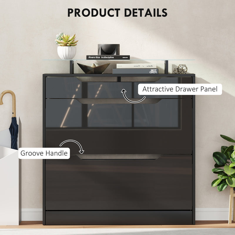 Shoe Organiser  Cabinet with Flip Doors and Glass Top Ideal for Hallways and Entryways, Black