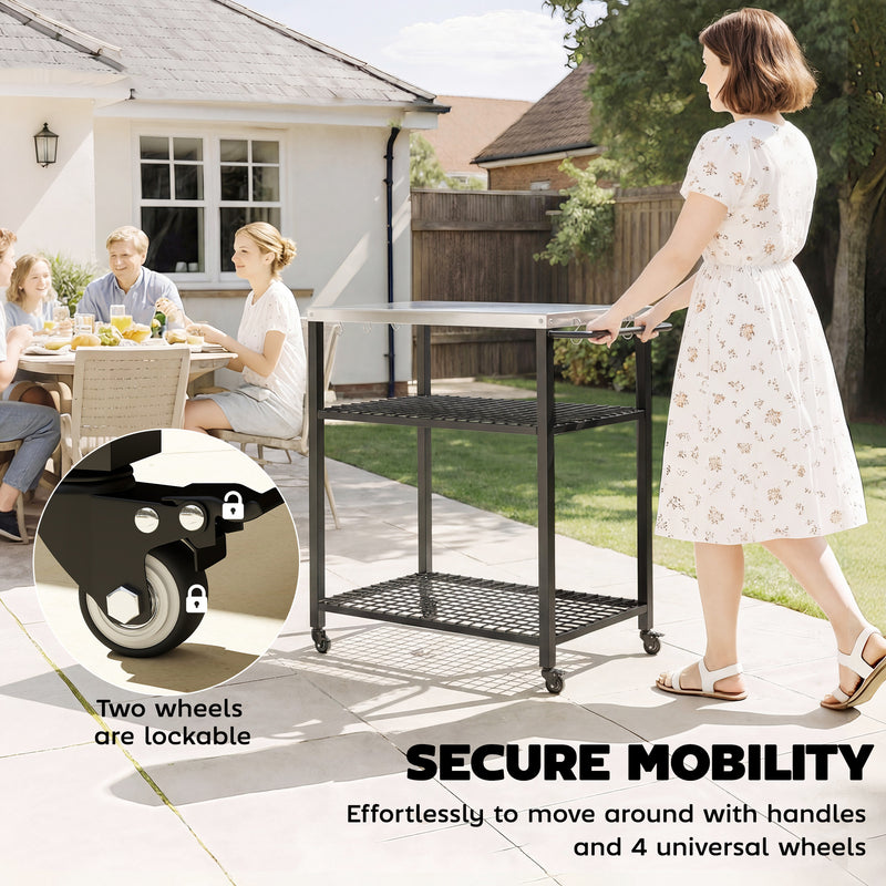 BBQ Prep Table with Stainless Steel Top and Storage Shelves for Outdoor Cooking Black Outsunny