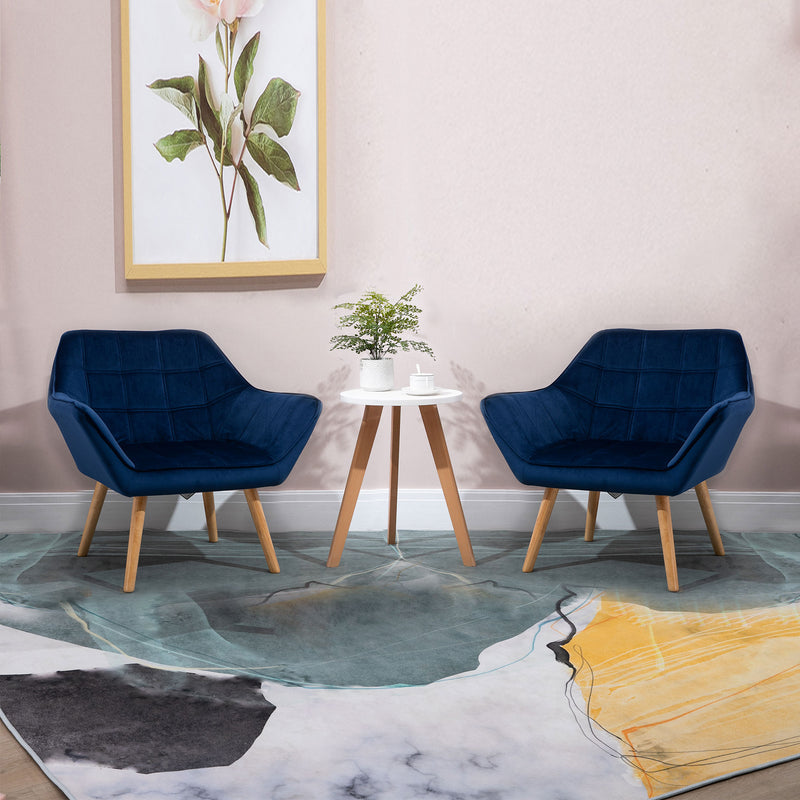 Set of 2 Upholstered Armchairs with Wide Arms and Wooden Legs for Bedroom Seating Blue