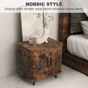 Nordic Bedside Table With Sliding Roller Doors And Metal Legs For Bedroom Rustic Brown