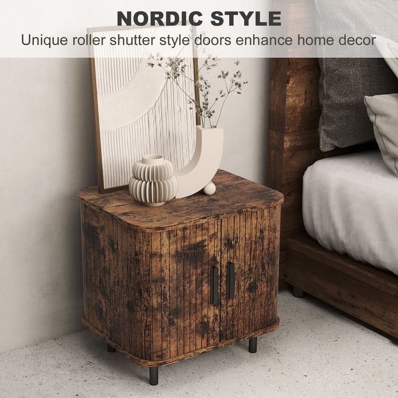 Nordic Bedside Table With Sliding Roller Doors And Metal Legs For Bedroom Rustic Brown