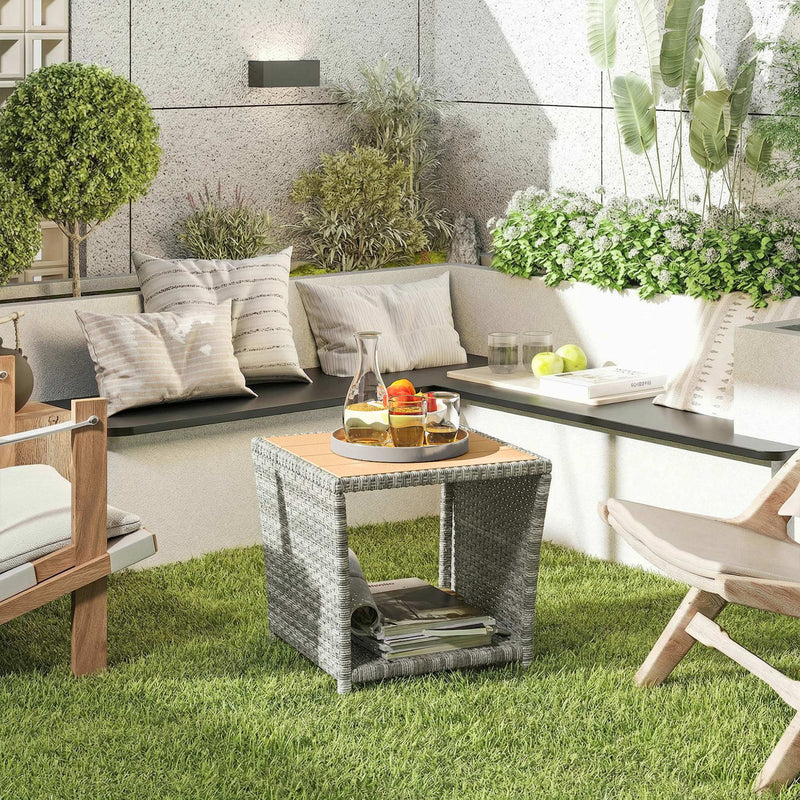 Side Table For Patio with 2-Tier Storage PE Rattan - 45W x 45D x 43H cm Outsunny