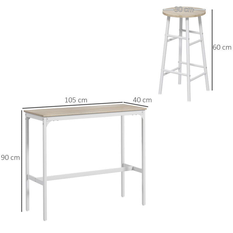 Bar Table Set for Small Kitchens or Flats with Stools and Oak Effect Top White