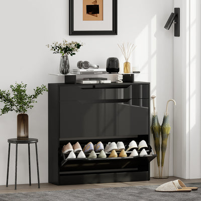 Shoe Organiser  Cabinet with Flip Doors and Glass Top Ideal for Hallways and Entryways, Black