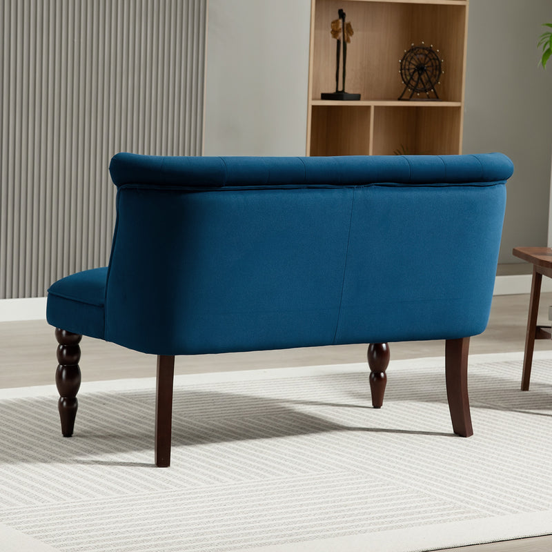 Dark Blue Velvet 2 Seater Wingback Sofa With Button Tufting And Wooden Legs For Living Room